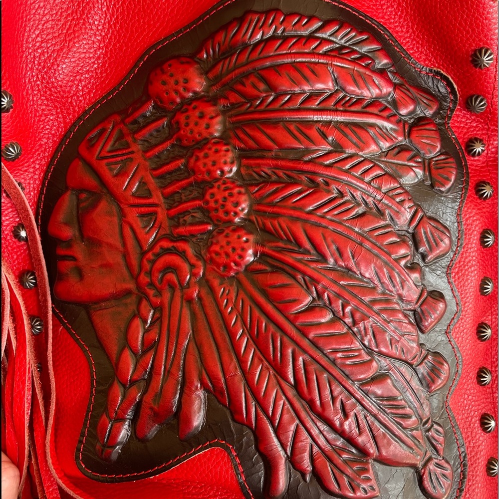 RAVIANI USA Western Red Tooled Leather American Indian Fringed Studded Bag NEW!! - Picture 4 of 14